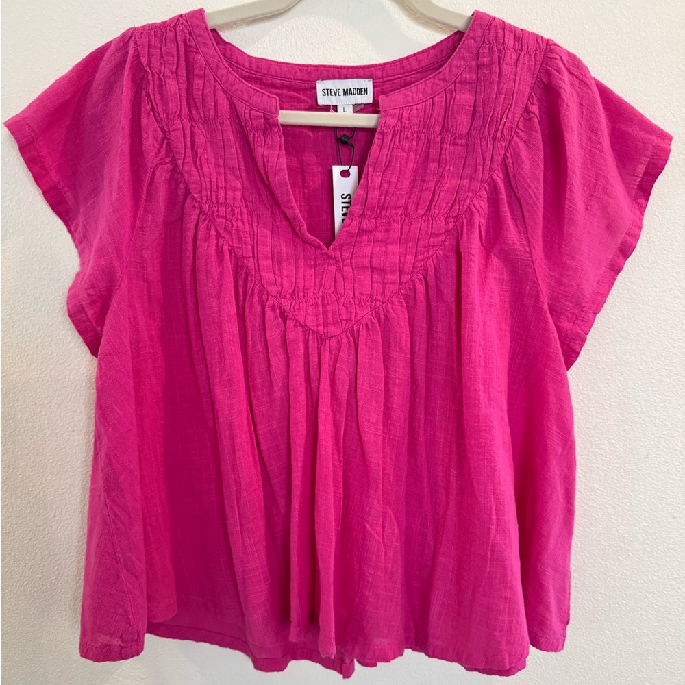 Steve Madden Women’s Pleated Babydoll Peplum Top Rose Fuchsia Pink Size L NWT